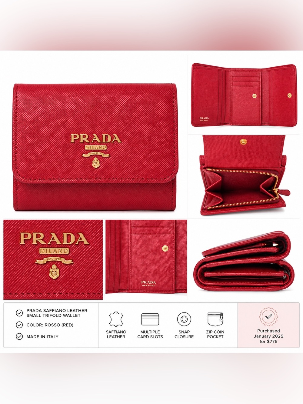 Prada Saffiano Leather Small Trifold Wallet
- Authentic